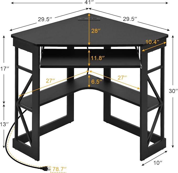 VECELO Corner Desk, Triangle Computer Desk for Small Space with Charging Station and Keyboard Tray, Corner Makeup Table with Storage Shelves for Home Office Bedroom, 41x30, Balck - Image 3