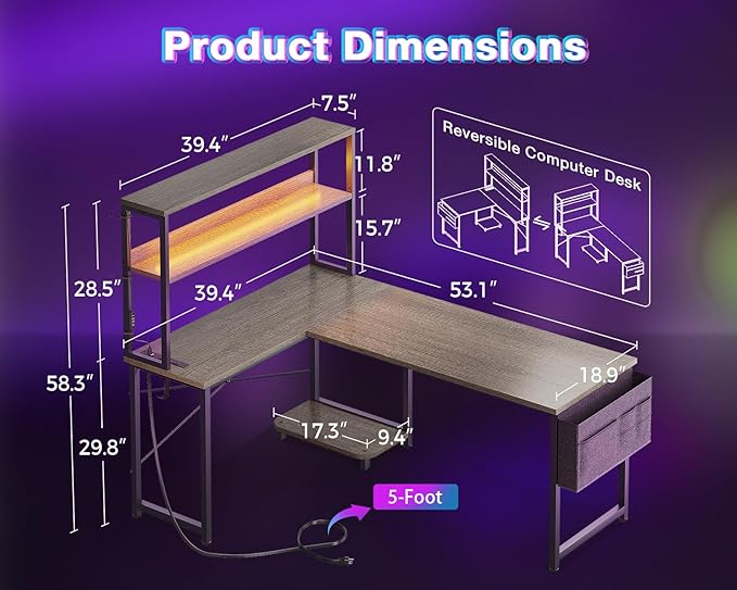 AODK L Shaped Desk Gaming Desk with LED Light & Power Outlet | 53 Inch Grey Oak Reversible L Shaped Computer Table with Shelf & Storage Bag & Hook for Home Office - Image 3