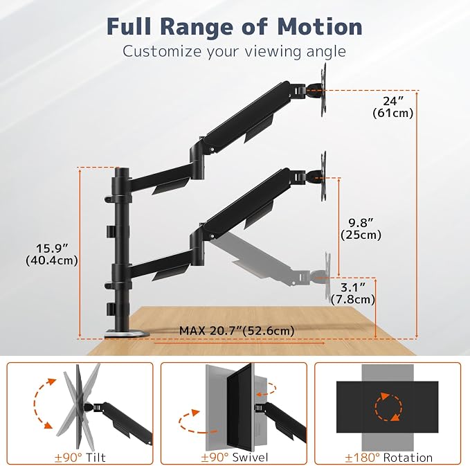 PUTORSEN Dual Monitor Stand for 17-32 Inch Screens, VESA 75/100 | Full motion dual monitor desk mount supports 19.8 lb per arm with tilt, swivel, rotation and C-clamp or grommet base. - Image 6