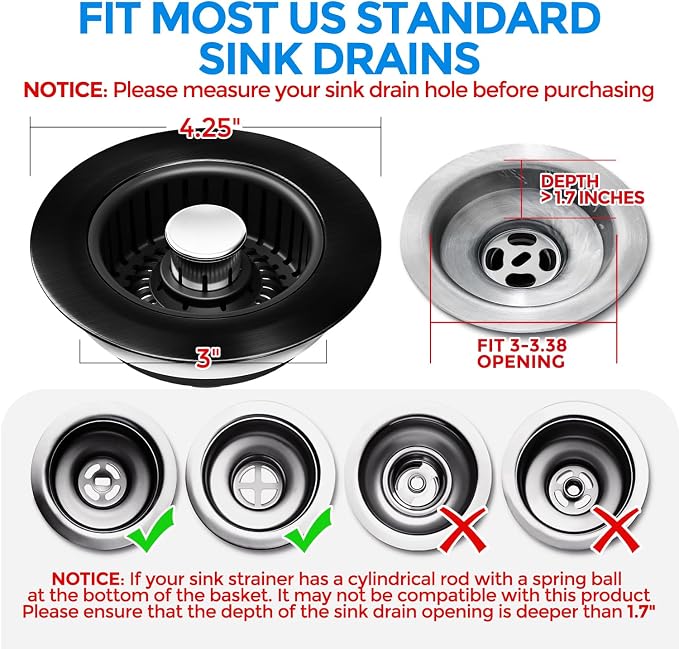 zaa 3 in 1 Kitchen Sink Drain Strainer Stopper Removable Basket Pop-Up | Kitchen Sink Accessories 1 Pack All Black Stainless - Food Catcher, Odor-Blocking Seal, Fits 3.5" Drain - Image 7