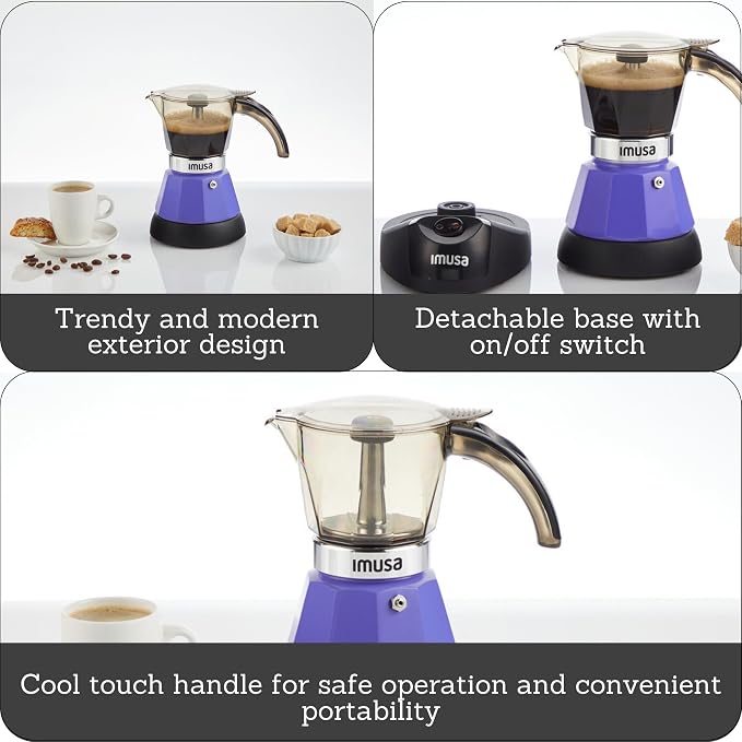 IMUSA 3 or 2 Cup Electric Espresso Maker with Cool-touch Handle, Purple | Bare Aluminum Finish, Detachable Base, Ideal for Espresso, Perfect for Everyday Use - Image 2