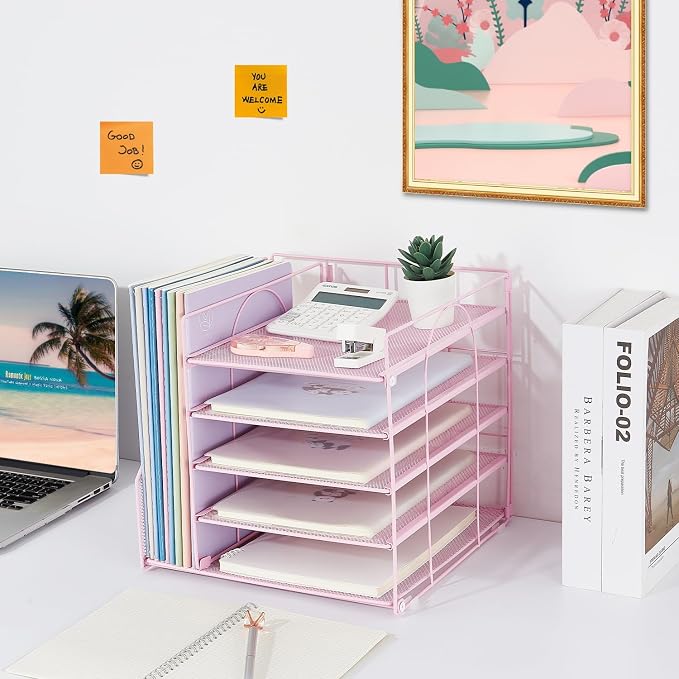 LEKETREE Desk Organizers and Accessories, 5-Tier Paper Letter Tray Organizer with File Holder, Desktop Organizer for Office Supplies (Pink) - Image 6
