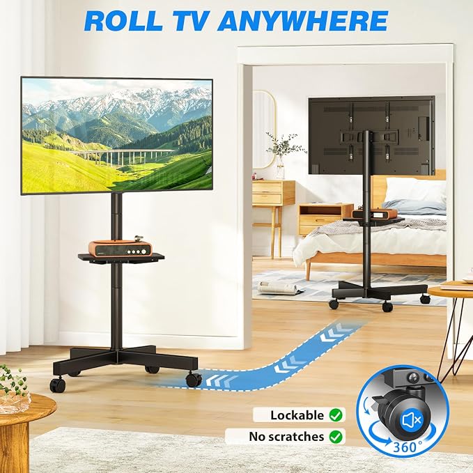 Rfiver Mobile TV Stand for 23-65 Inch LCD LED Flat/Curved Panel Screen TVs up to 88 lbs, Rolling TV Stand with Adjustable Shelf & Tilt, Portable Floor Stand on Wheels for Bedroom, Living Room, Office - Image 5