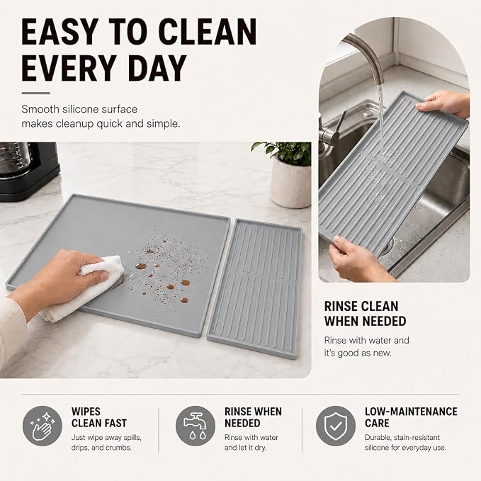 Silicone Coffee Mat 24 x 16 in with Tray, Minimal Light Gray | Coffee bar mat for countertop use, coffee station mat or coffee machine mat with removable tray and 0.47 in raised rim. - Image 8