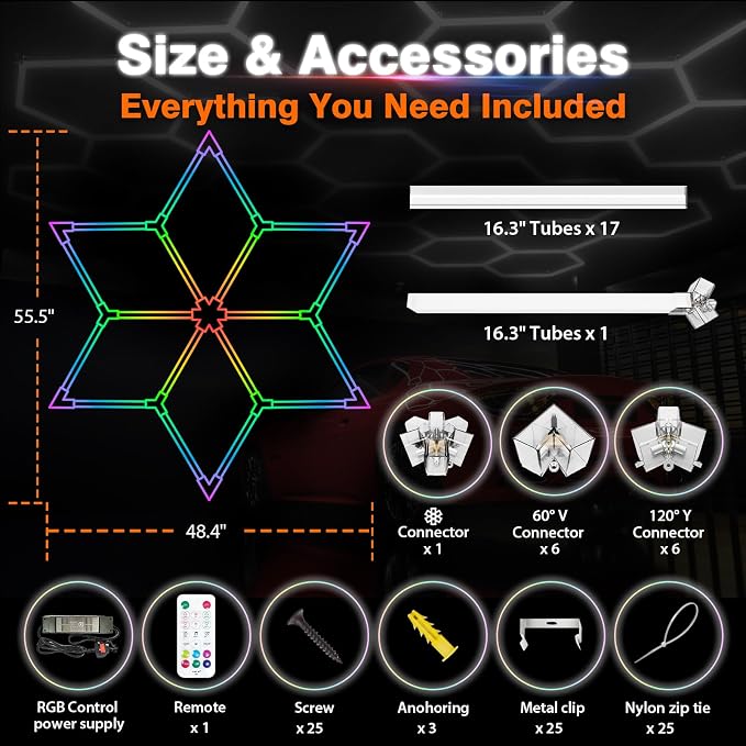 RGB Hexagon Garage Lights, Snowflake Hexagon Led Lights with Music Sync Mode, App & Remote Control RGB Ceiling Lights for Party, Gym, Studio, Gaming Room - Image 6
