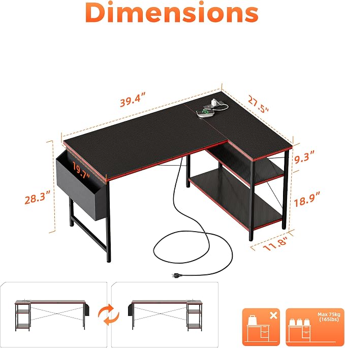 Mericonia 39 inch Corner Desk with Shelves, Small L Shaped Gaming Desk | Reversible Computer Desk with Power Outlets & Storage Bag, Office Table for Home Bedroom Study Work Writing - Image 2