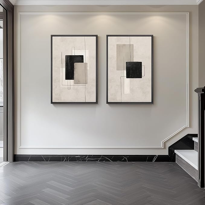 Large Framed Neutral Abstract Wall Art Set of 2, Black Beige Modern Canvas Prints Paintings Artwork for Walls, Minimalist Block Lines Pictures for Living Room Dining Room Bedroom Wall Decor 20x30 In - Image 8