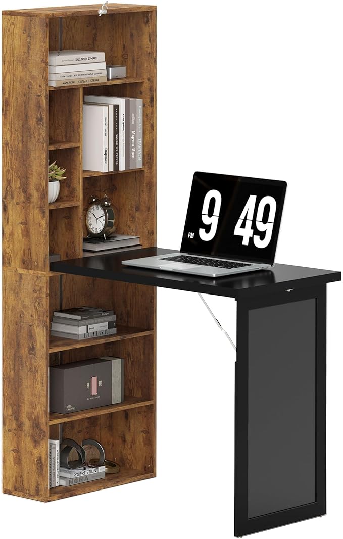 HOMCOM Foldable Desk Wall Mounted Convertible Table, Rustic Brown | Wall Mounted, Space-Saving, Chalkboard, Storage Shelves, for Small Spaces, Home Office, Bedroom, Dorm, Apartment by HOMCOM
