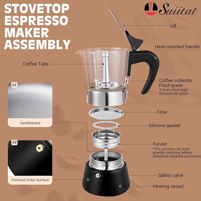 4 Cup 200ml Glass Moka Pot, Stovetop Espresso Maker, Black | Crystal Glass-top & Stainless Steel Coffee Maker, Induction Compatible, for Greca de Cafe, Cuban and Italian Coffee Brewing - Image 2