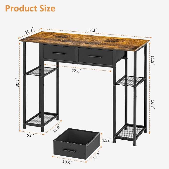 DAOUTIME Computer Desk with Drawers, 37.3 Inch Home Office Work Desk with Storage Shelf, Kids Teens Study Table for Small Space, Small Writing PC Table for Bedroom Makeup Vanity Desk, Brown - Image 2