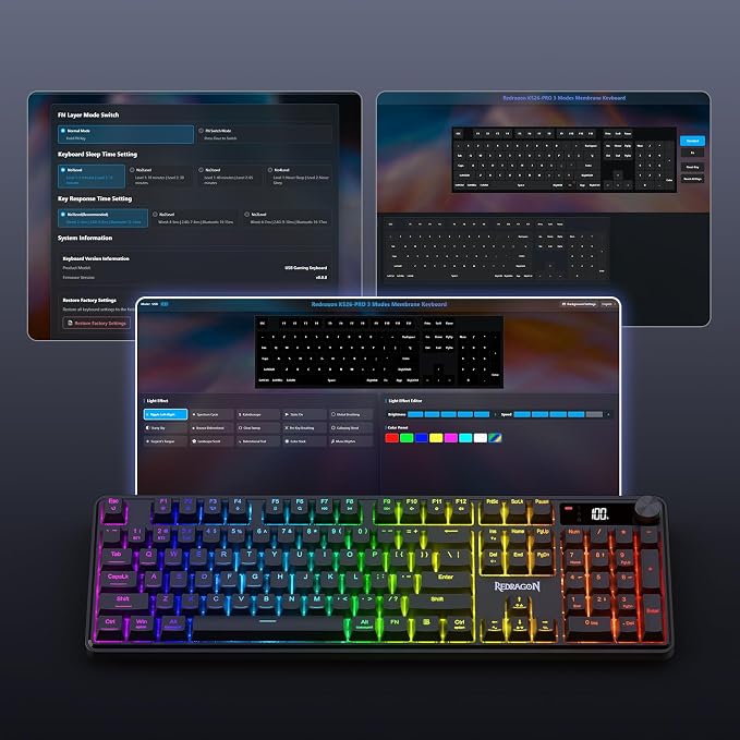 Redragon K526 PRO Wireless RGB Membrane Gaming Keyboard, LED Screen & Knob | See Battery, Mode & Time at a Glance, 0-Delay Tri-Mode, One-Touch Backlit & Media Adjust, 26-Key Anti-Ghost for Combo-Strike - Image 8