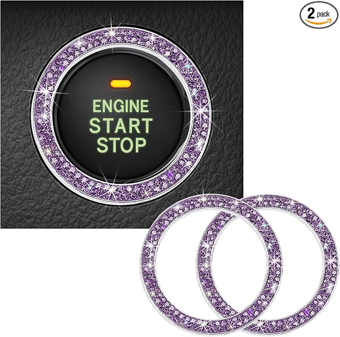 Kewucn 2 PCS Bling Crystal Double Rhinestone Car Engine Start Decoration Ring, Sparkling Push Start Button Sticker, Key Ignition & Knob Ring Decoration, Bling Car Interior Accessory(Purple) by Kewucn