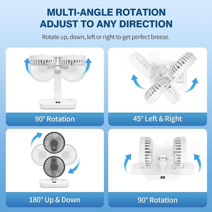 Morelax Dual Head Desk Fan with LED Light, USB Rechargeable Portable Mini Fan, Quiet Desktop & Wall-Mounted Fan, Multi-Angle Rotation, 4 Speeds, for Bedroom, Home, Office, Camping - Image 3