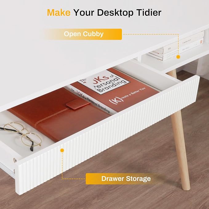 White Writing Desk with Storage, Mid Century Modern Desk for Small Spaces | 42.5-Inch Desktop, Soild Wood Legs, Hidden Drawer & Open Cubby Storage, Built-in Cable Management for a Clean Workspace - Image 4