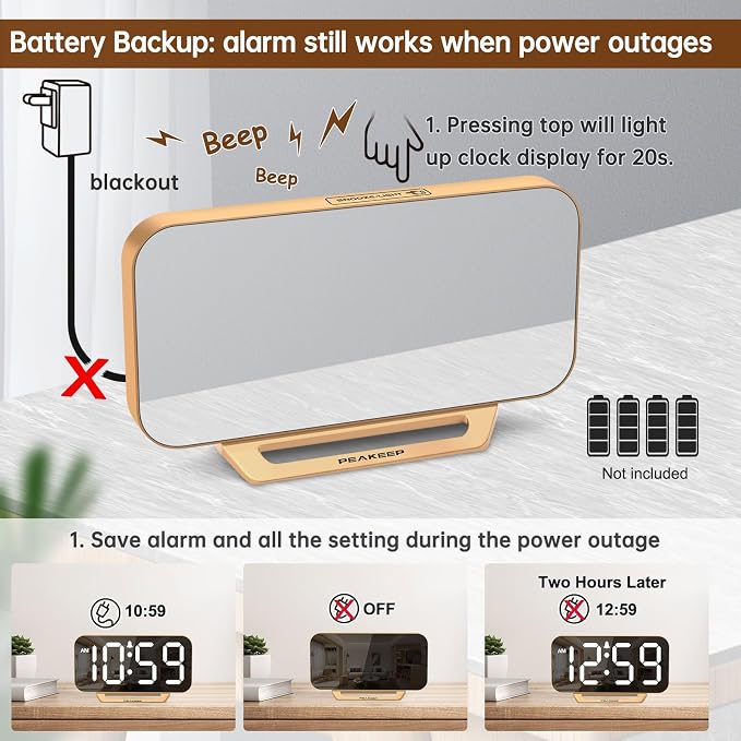 Peakeep Slim Digital Mirror Aesthetic Alarm Clock for Bedrooms Desk Decor | Plug in Electric Big LED Modern Small Clock for Office Living Room, Battery Backup, 6 Dimmers (Gold) - Image 6