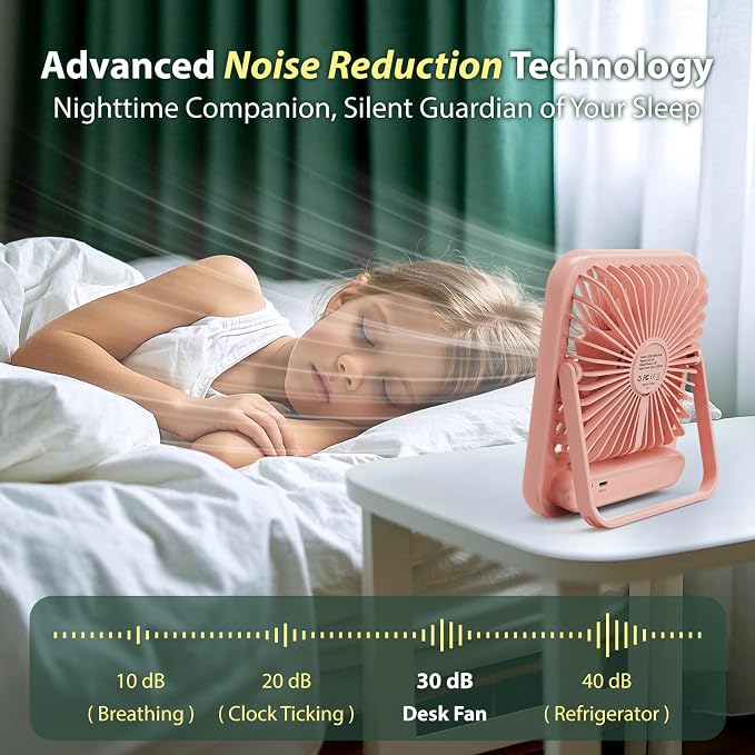 Travel Fan for Sleeping, 4000mAh Portable Pink Fan for Summer Essentials, Small Desk Fan Rechargeable 100 Speed Wind for Beach Fan Travel Essentials Gifts for Women Teens Girl - Image 5