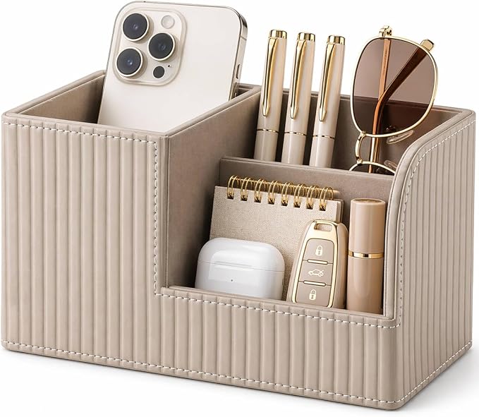 KINGFOM Desk Pen Organizer Office Supplies Caddy Pu Leather Multi-function Storage Box Pen/Pencil,Cell phone, Business Name Cards Remote Control Holder (Mocha Beige) by KingfomLeatherHomeOfficeDecor