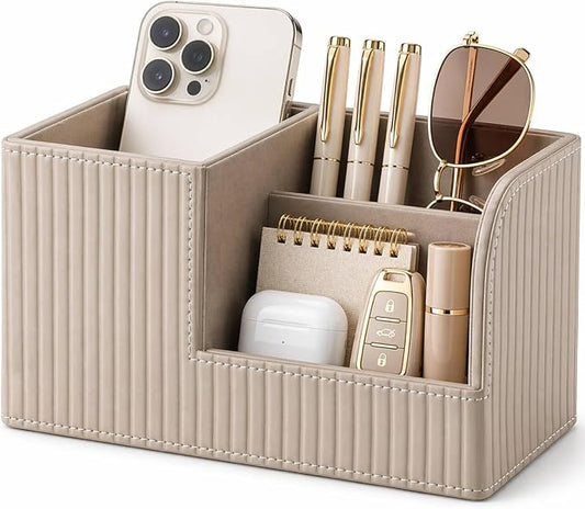 KINGFOM Desk Pen Organizer Office Supplies Caddy Pu Leather Multi-function Storage Box Pen/Pencil,Cell phone, Business Name Cards Remote Control Holder (Mocha Beige) by KingfomLeatherHomeOfficeDecor