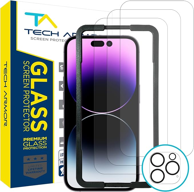 Tech Armor 3 Pack Screen Protector + 1 Camera Lens Protector for iPhone 14 Pro 6.1 inch - Ballistic Tempered Glass, Case Friendly, Dynamic Island Compatible, Sensor Protection, HD, 9H Hardness by TechArmor