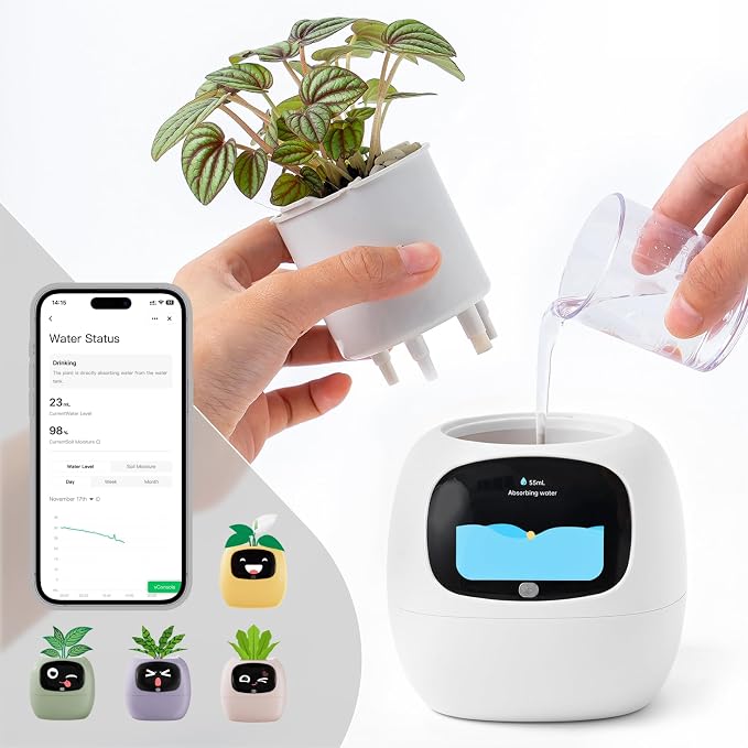 Smart Plant Pot with Visual Display – Soil Moisture, Water Level, Light & Battery Monitor, 80ml Self-Watering Reservoir, Supports 50+ Plants, Pomodoro Timer, Clock & Calendar (White) - Image 8
