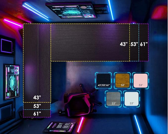 AODK L Shaped Desk Gaming Desk with LED Light & Power Outlet | 61 Inch Black Reversible L Shaped Computer Table with Shelf & Storage Bag & Hook for Home Office - Image 6