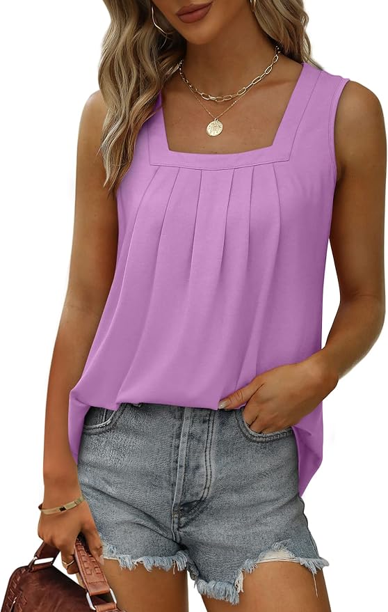 Saloogoe Summer Tank Tops for Women Loose Fit Pleated Square Neck Sleeveless Tops Curved Hem Flowy - Image 2