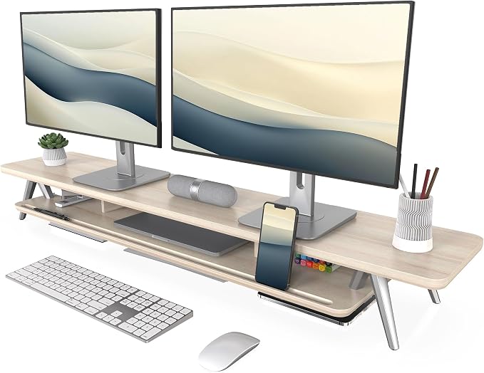 Fenge Dual Monitor Stand, Monitor Stands Riser for 2 monitors, 47.2 Inch Wood Desk Shelf with Storage Organizer and Cable Management for Office Desk Accessories by Fenge