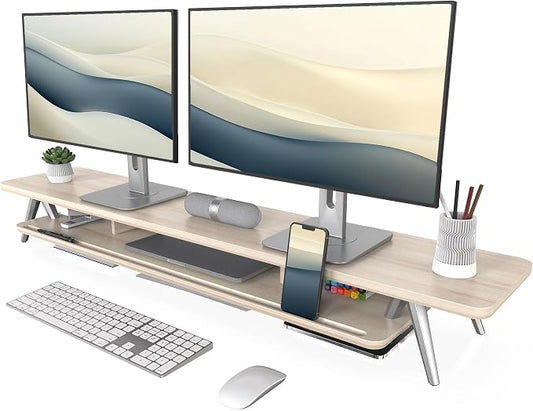 Fenge Dual Monitor Stand, Monitor Stands Riser for 2 monitors, 47.2 Inch Wood Desk Shelf with Storage Organizer and Cable Management for Office Desk Accessories by Fenge