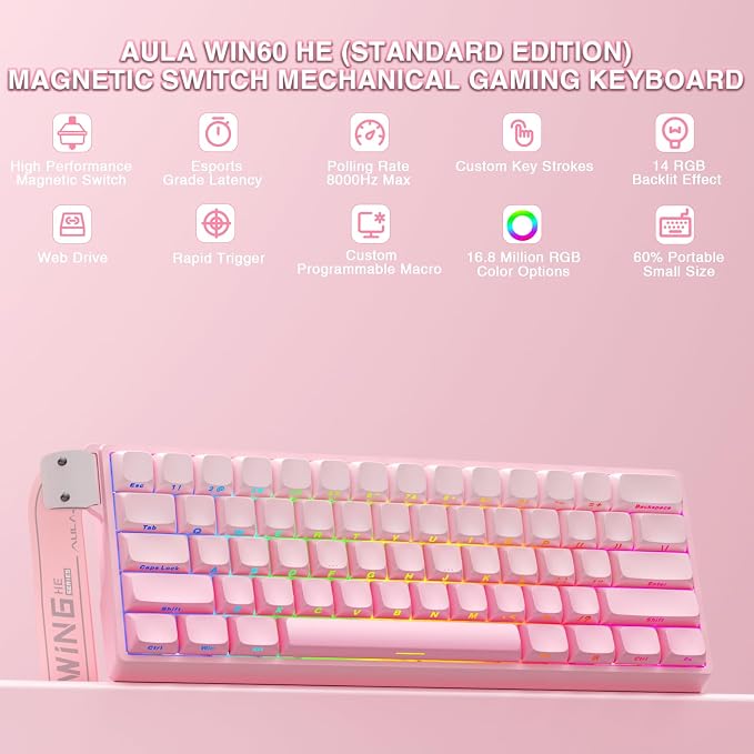 Aula WIN60 HE - 60% Mechanical Gaming Keyboard Wired, Hall Effect Magnetic Switch Hot Swappable,8000 Hz Polling Rate, RGB Keyboard 60 Percent Compact Design for PC (Gradient Pink) - Image 2