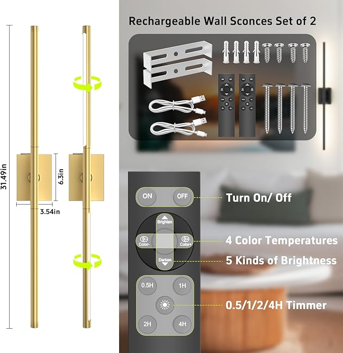 Battery Operated Wall Sconces Set of Two: Dimmable Wireless Wall Lights with Remote, 31-inch LED Rechargeable Sconces, 360° Lighting Wall Scone Decor for TV, Mirror, Bedroom, Living Room(Gold) - Image 2