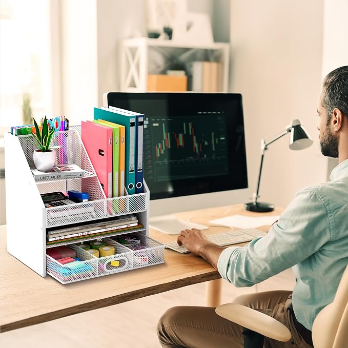 Homsorout Wooden Desk Organizer - Mesh File Organizer with Drawers and Pen Holder - 4-Tier Vertical Paper Letter Storage Tray, Desktop Organizers and Accessories for Home Office （White - Image 3