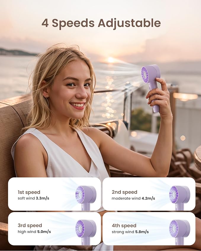Portable Mini Handheld Turbo Fan, 4 Speed High Velocity Personal Cooling Device [Max 16H], Rechargeable Purse Travel Essential for Vacation/Beach/Trip - Purple - Image 5