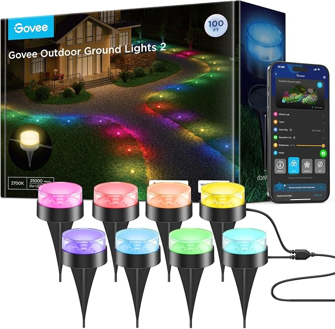 Govee Outdoor Ground Lights 2, 100ft for Patio Decorations, 30 Pack | RGBIC Pathway With 100LM Warm White, IP67 Waterproof for Garden, Splitter Connector, Works With Alexa, Google Assistant by Unknown