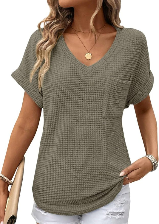 Dokotoo Womens Waffle Knit Tops 2026 Spring Summer V Neck Shirts Casual Trendy Women's Blouses Basic Tee by Dokotoo