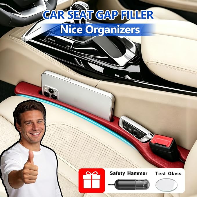 Car Seat Gap Filler Organizer 2Pcs,Car Accessories with Safety Hammer,2 in 1 No Drop Seat Guard with Storage Slot for Phone,Keys,Universal Interior Gap Filler for Cars SUV Truck,Red - Image 2