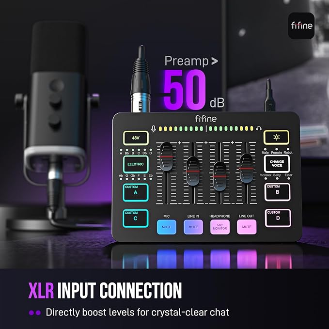 FIFINE Gaming Audio Mixer, Streaming RGB PC Mixer with XLR Microphone Interface, Individual Control, Volume Fader, Mute Button, 48V Phantom Power, for Podcast/Recording/Vocal/Game Voice-AmpliGame SC3 | USB PnP For PC,Mute Button,XLR Preamp,RGB,Voice ch... - Image 2
