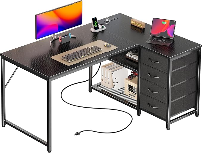 PRAISUN 43.3" Small Computer Desk with Power Outlets & USB-C Port, Reversible L Shaped Corner Office Desk with 4 Fabric Drawers and 2 Adjustable Storage Shelves, for Gaming Writing, Black by PRAISUN