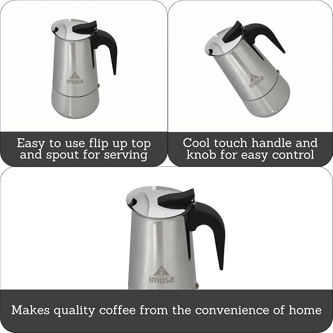 IMUSA USA B120-22062M Stainless Steel Stovetop Espresso Coffeemaker 6-Cup, Silver | Mirror-Polished Finish, Cool-Touch Handle and Flip-Up Top, Works on Gas, Ceramic, And Electric Stovetops - Image 3