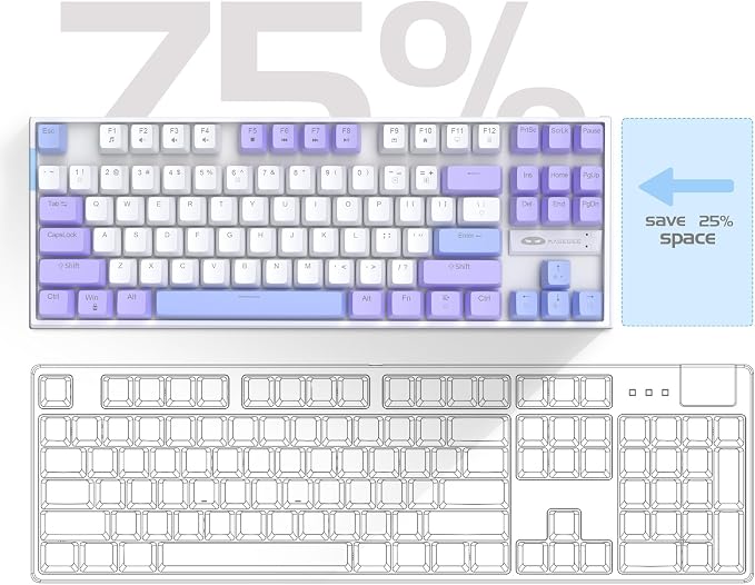 MageGee 75% Mechanical Gaming Keyboard, Red Switch, LED Blue Backlit, 87 Keys Compact TKL Wired Computer Keyboard for Windows Laptop PC Gamer - White/Purple - Image 2