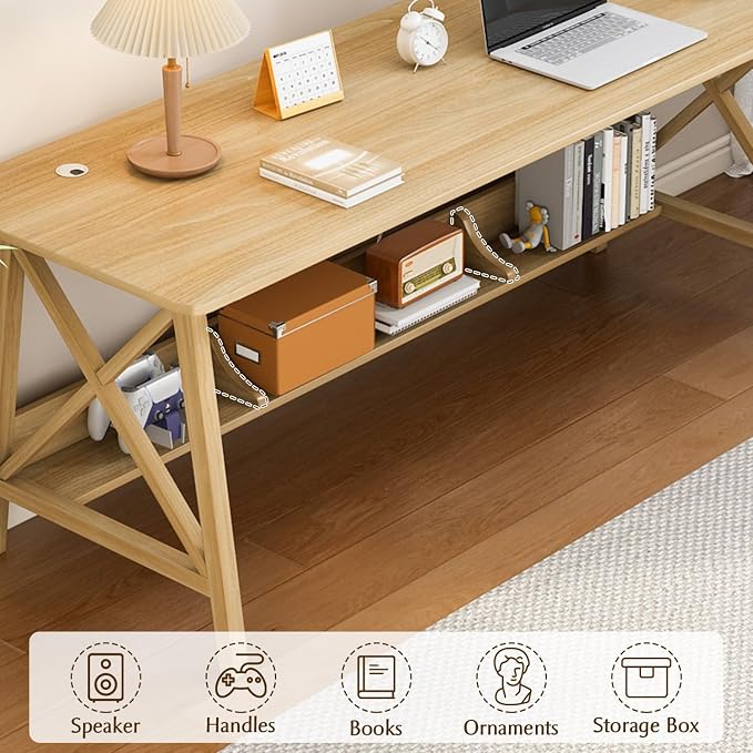 NELYE Extra Long Writing Desk with Bookshelf, 55" Wx20 Dx30 H, Oak | Wooden Home Office Work Study Table, Computer Gaming Workstation with Storage Shelf, Sturdy MDF Resists Wobble - Image 3