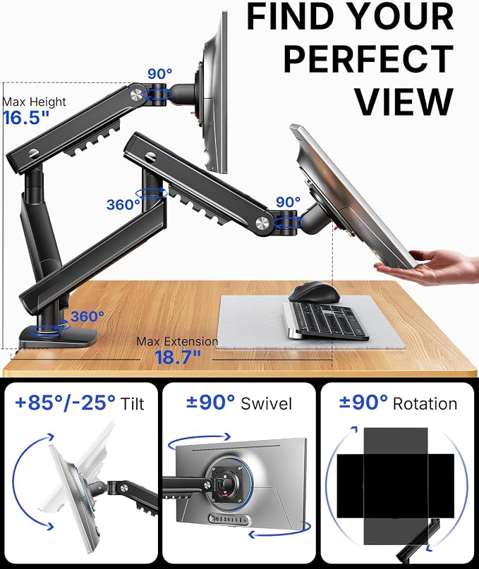 HUANUO FlowLift Pro Dual Monitor Mount for 13–32" Screens, MechaSpring Monitor Stand, Adjustable Monitor Arms for 2 Monitors with Tilt/Swivel/Rotation, Tool-Free VESA Mount, Max Load 19.8 lbs - Image 6