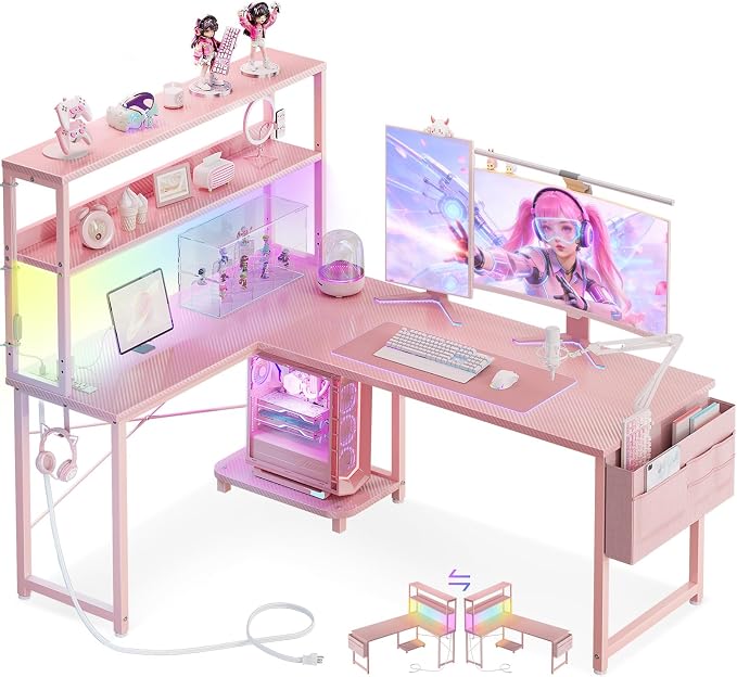 AODK L Shaped Desk Gaming Desk with LED Light & Power Outlet | 53 Inch Pink Reversible L Shaped Computer Table with Shelf & Storage Bag & Hook for Home Office by AODK