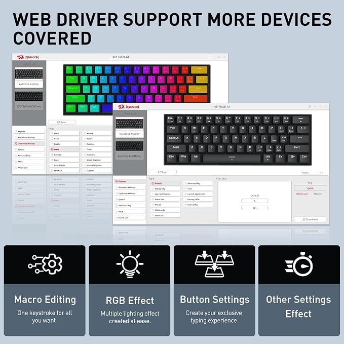 Redragon K617 HE Wired Hall-Effect Rapid Trigger Magnetic Gaming Keyboard | 8K Polling Adjustable Actuation, 61 Keys Design for More Room to Aim, Swap-Ready Socket for Mod, RGB Pro Software Supported - Image 5