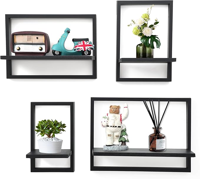 PHOENANCEE Square Floating Shelves,Framed Wall Shelf Decorative Set of 4,Modern Plants Hanging Display Art Decor Storage for Livingroom Bedroom Bathroom Farmhouse,Home Light Wood,Rustic Black by PHOENANCEE