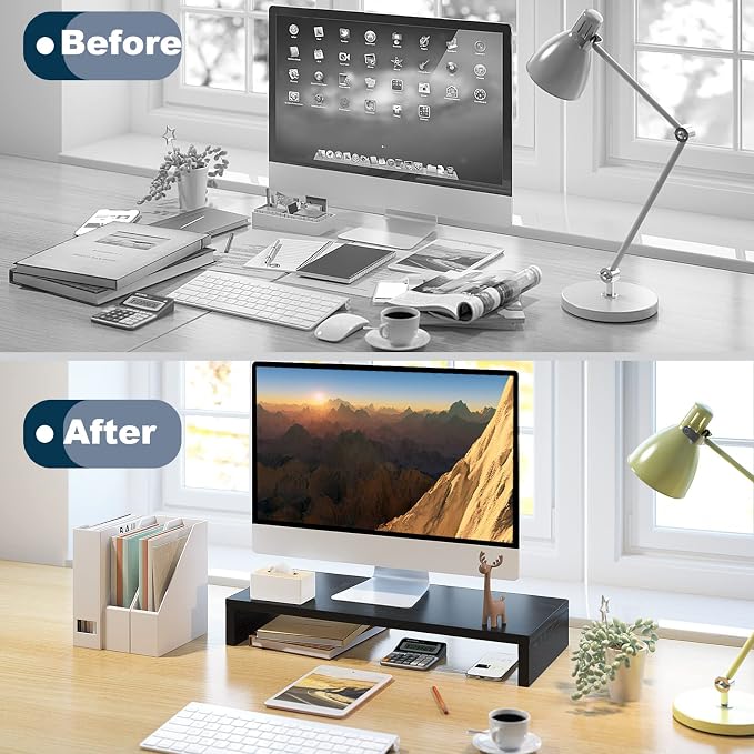 TEAMIX 20 Inch Monitor Stand Riser, Black Desktop Stand for PC/TV/Laptop/Printer, Wood Monitor Riser with Storage, Computer Stand Keyboard Organizer - Image 6