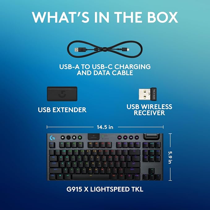 Logitech G915 X Lightspeed TKL Wireless Gaming Keyboard (Linear) - Black | Low Profile, Mechanical Switches, Double-Shot PBT Keycaps, RGB lighting, Aluminum finish, PC/Mac Compatible - Image 9