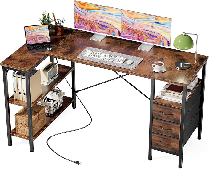 DUMOS L Shaped Desk with Drawers, Gaming Desk, 55 Inch | Power Outlet, Study Table, Adjustable Shelves, Home Office, Corner Computer Workstation, Bedroom, Brown by DumosLifestyle