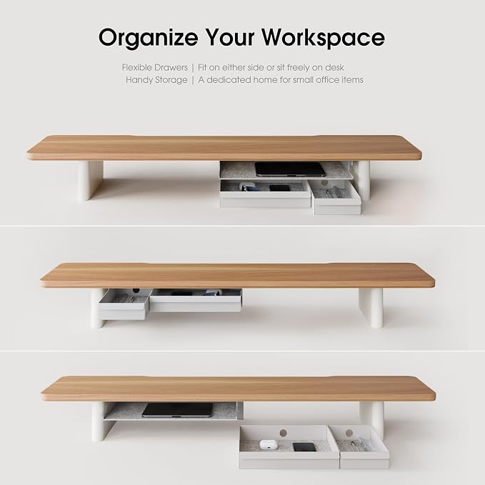 Fenge 42.5" Monitor Stand with Storage Drawers, Minimalist Monitor Riser with Solid Ash Legs and Cable Management, Wooden Desk Shelf for Home Office Workspaces, Dark Oak - Image 4