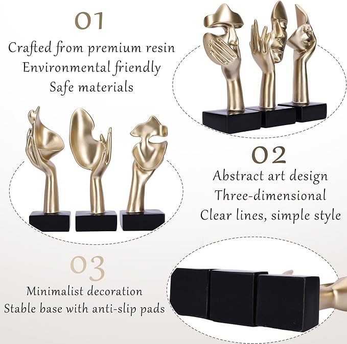 3 Pcs Thinker Large Statue Set - Black Glod Art Abstract Home Accent Figurines for Living Room, Bedroom, Shelves, Office Desktop, Coffee Table Decor, Gift for Women (3 Pcs Black Glod, 9") - Image 5