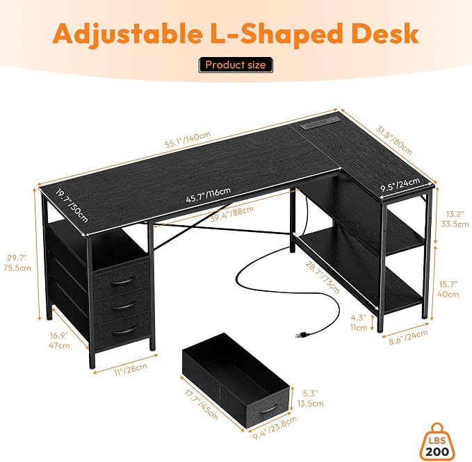 Alpen Computer Desk with Drawers, L Shaped Desk for Bedroom with Power Outlets, Gaming Table with Storage Shelves, Corner Desk for Gaming, Study Writing PC Table, 55 Inch, Black - Image 3